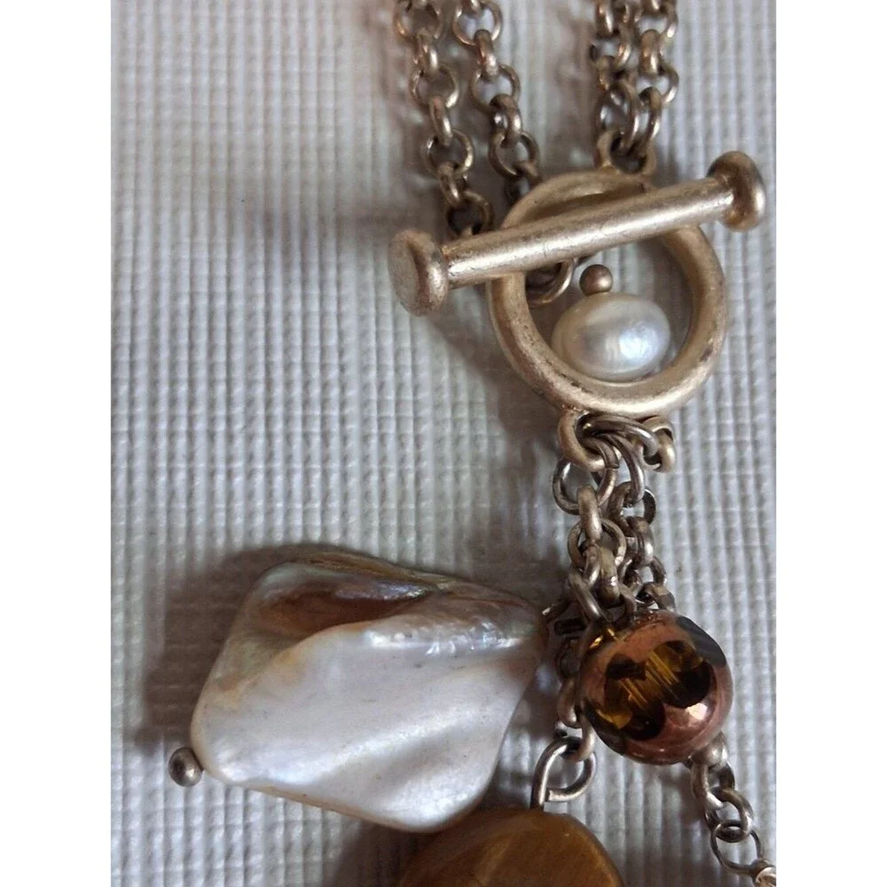 Lia Sophia Gold Toned Double Strand Tigers Eye and Bead Pendants Toggle Necklace